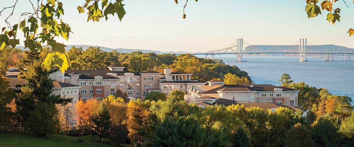 Full view of Kendal on Hudson with Gov. Mario M Cuomo Bridge in the background