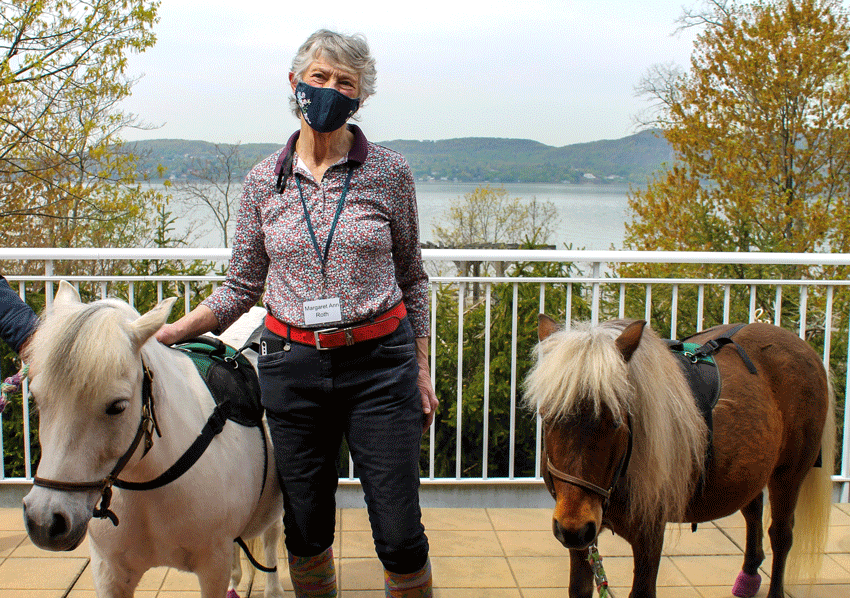 Resident Margaret Ann Roth with two HorseAbility mini-therapy horses.